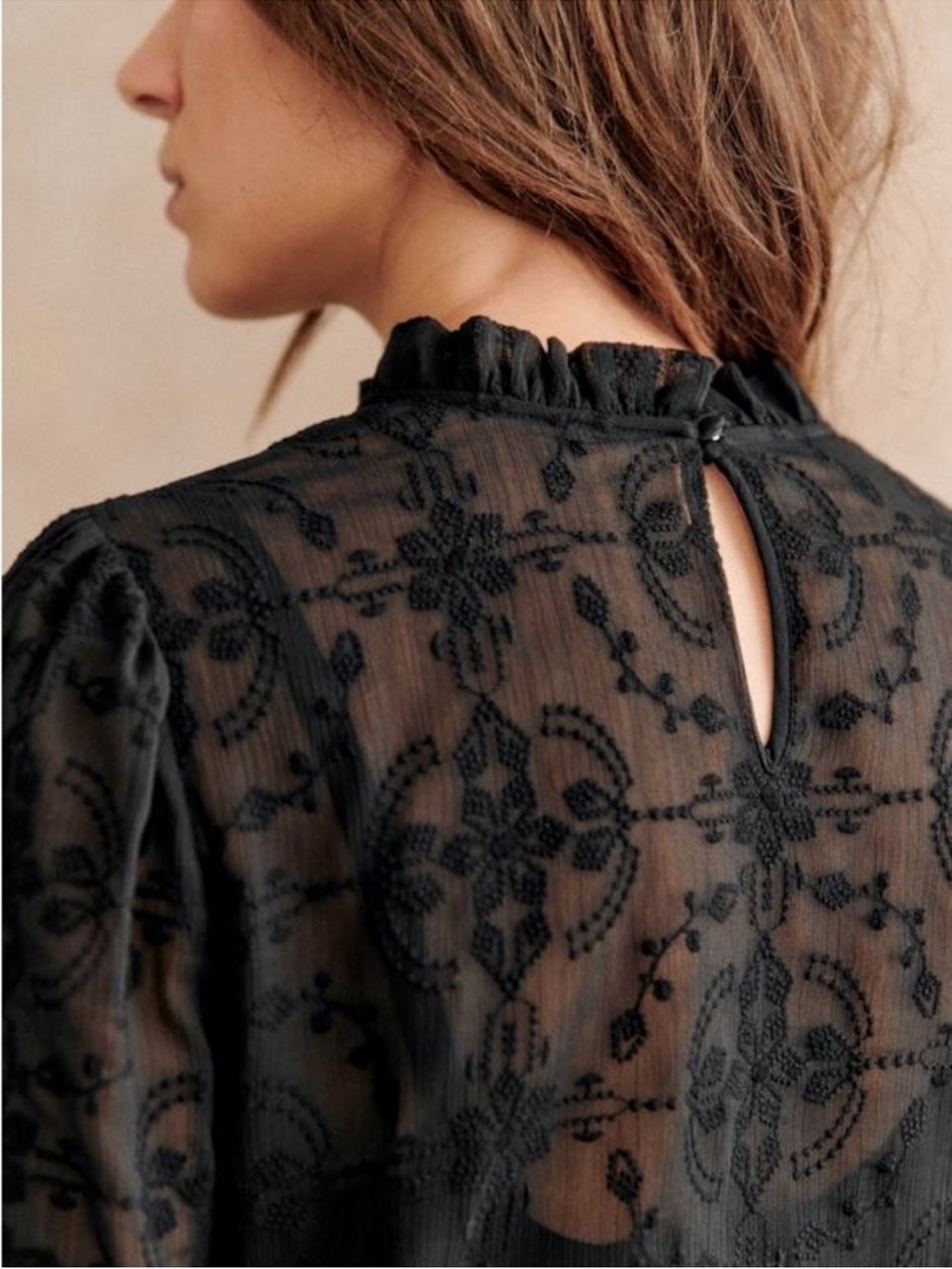 SEZANE Black Sheer Floral Embroidered Ruffle High Neck Valentine Blouse Top - Picture 3 of 14